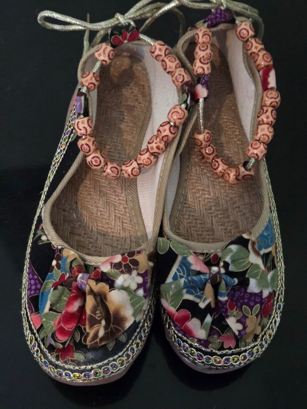 Wonderful ladies colorful beaded espadrille shoes with gold ankle ties